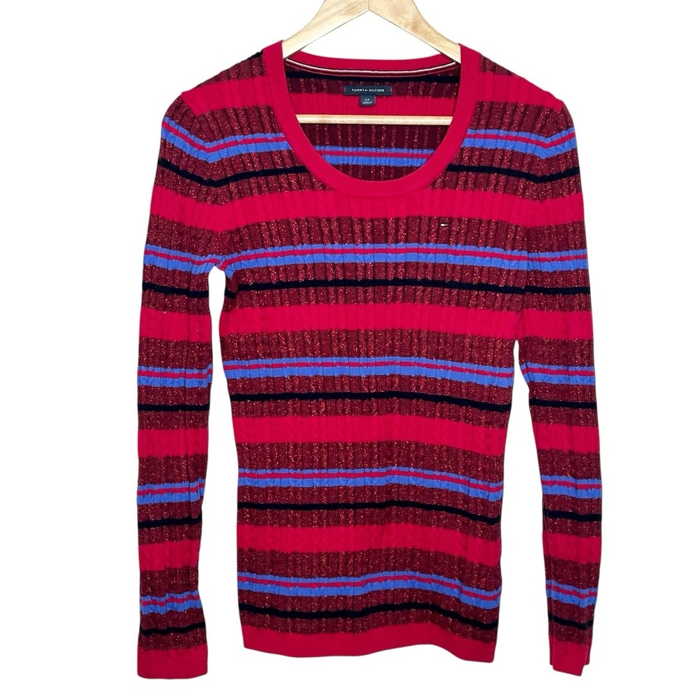 Tommy Hilfiger Metallic Striped Cable Knit Sweater Red Womens Small Y2K Preppy